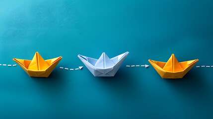 A captivating image featuring four origami boats in vibrant colors, set against a teal background.
