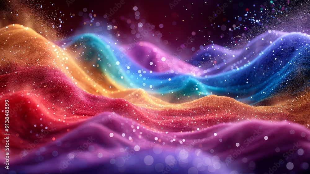 Poster vibrant waves of color with glittering particles in an abstract composition
