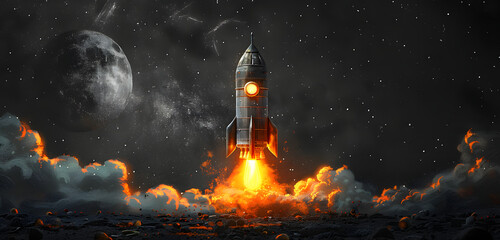 Naklejka premium A dramatic scene of a rocket launching into the starry night sky, with the full moon illuminating the backdrop. 