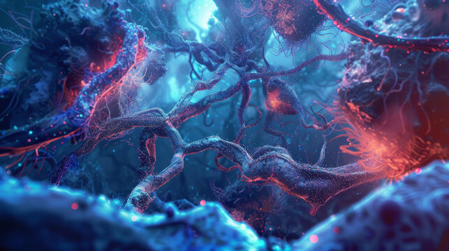 pulsating synapses, vibrant tendrils, artificial intelligence lifeform, textured surface, alien landscape