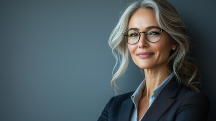 A confident, mature businesswoman in a suit smiles and gazes thoughtfully at an empty space, gray background.