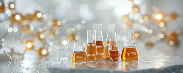 Colorful laboratory equipment with floating droplets and molecules in a scientific environment