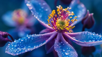 petals dotted with water droplets, center saturated with vibrant hues