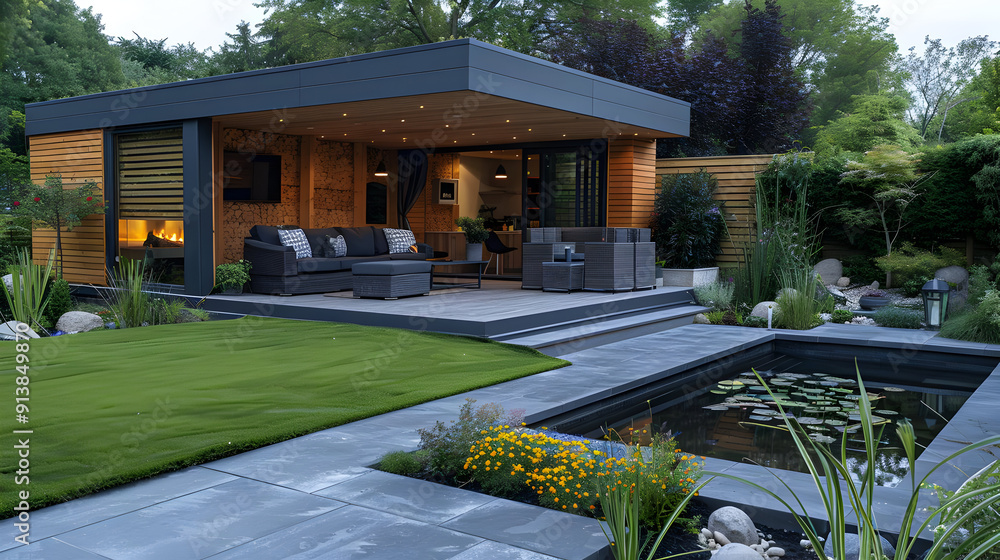 Poster Modern Backyard Oasis with Pond and Patio Photo