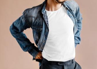 T-shirt PNG mockup men’s apparel with denim jacket