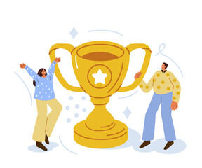 Characters celebrating victory near gold award winning cup. Trophies for winners. Championship and success concept. Vector illustration.