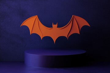 Halloween orange and purple theme product display 3D podium decoration with bat shape backdrop on dark wall background. with generative ai