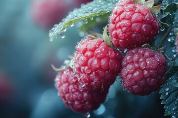 Fresh raspberries growing on branch covered with water drops