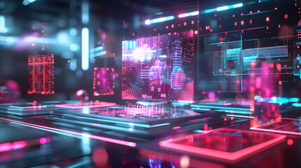 Futuristic holographic display showcasing innovative new product in a sleek design for consumers to see.