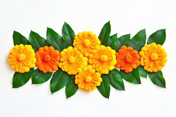 marigold flowers and mango leaves rangoli designs on white background