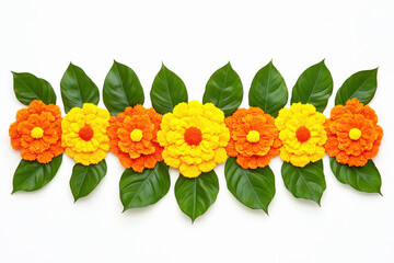Fototapeta premium marigold flowers and mango leaves rangoli designs on white background