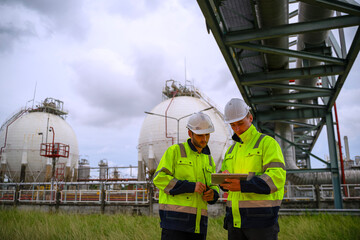 Blue collar workers are working at refinery factory.
