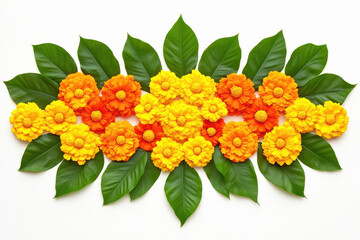 Fototapeta premium marigold flowers and mango leaves rangoli designs on white background