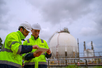 Blue collar workers are working at refinery factory.