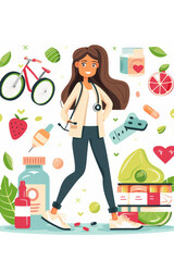 Healthy lifestyle, active woman, fitness, diet, healthcare, nutritional foods, exercise, wellness, fruits, vegetables, concept