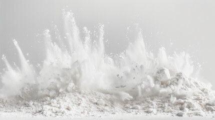 Floating Powdered Sugar on White Background, Detailed Close-Up of Sugar Dust for Baking and Dessert Presentation, High-Quality Culinary Image