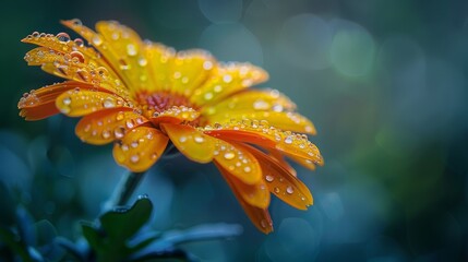  A tight shot of a yellow flower, adorned with water droplets on its petals, against a softly blurred background