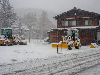 Truck for snow digger at Shirakawa-go, a small traditional village showcasing a building style known  It's UNESCO's World Heritage Sites on Dec 10, 2018.