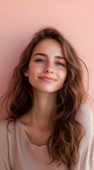 Fototapeta premium attractive woman. Portrait from three-quarters of the waist up, looking at viewer, smiling. plain color background. vertical composition