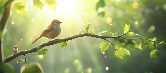 Obraz premium Bird Perched on Branch with Sunlight Filtering Through Leaves