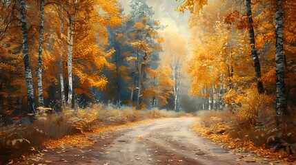 Obraz premium Serene Autumn Countryside Road with Golden Fall Foliage and Tranquil Atmosphere