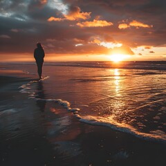 Fototapeta premium Dramatic Sunset Silhouette of Slender Figure on Serene Beach