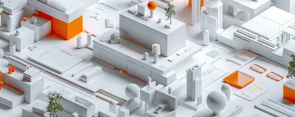 Minimalist isometric cityscape with yellow and white buildings, ideal for modern architectural and urban planning visuals