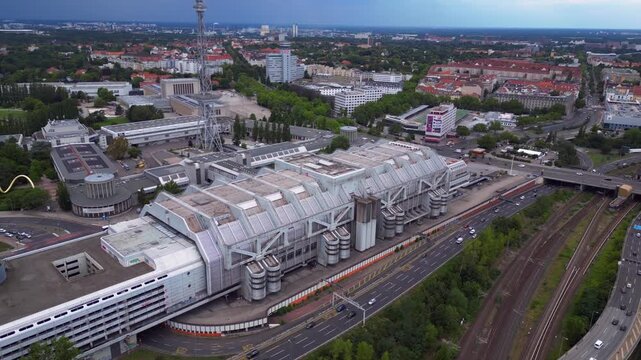 Berlin skyline, radio tower, exhibition grounds. Fantastic aerial view drone