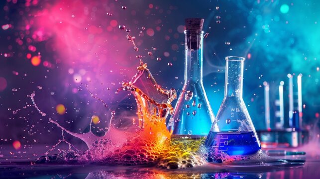 Colorful chemical reaction exploding from laboratory flask