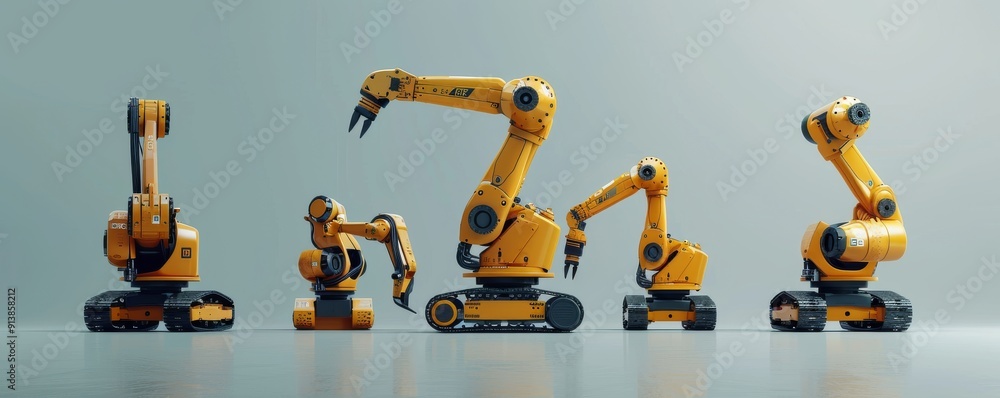 Poster futuristic robots lined up in a high-tech laboratory with orange and white designs