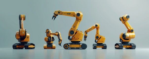 Futuristic robots lined up in a high-tech laboratory with orange and white designs