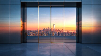 Fototapeta premium Modern office interior with glass windows overlooking the New York City skyline at sunset.