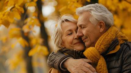 Elderly couple enjoying time together in autumn park.