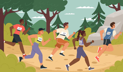 Diverse multicultural people group engaged in marathon race