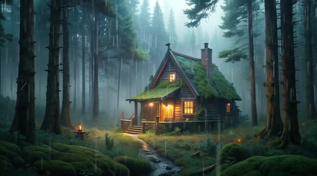 Cozy Cabin in Misty Forest with Rain, Rustic Retreat with Glowing Light