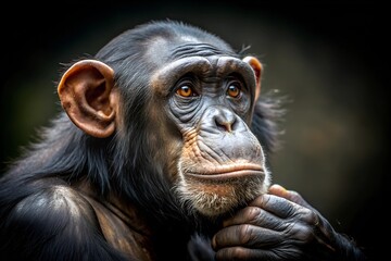 Fototapeta premium A chimpanzee appears deep in thought against a dark, contrasting background, illustrating the cognitive abilities and contemplative nature of primates.