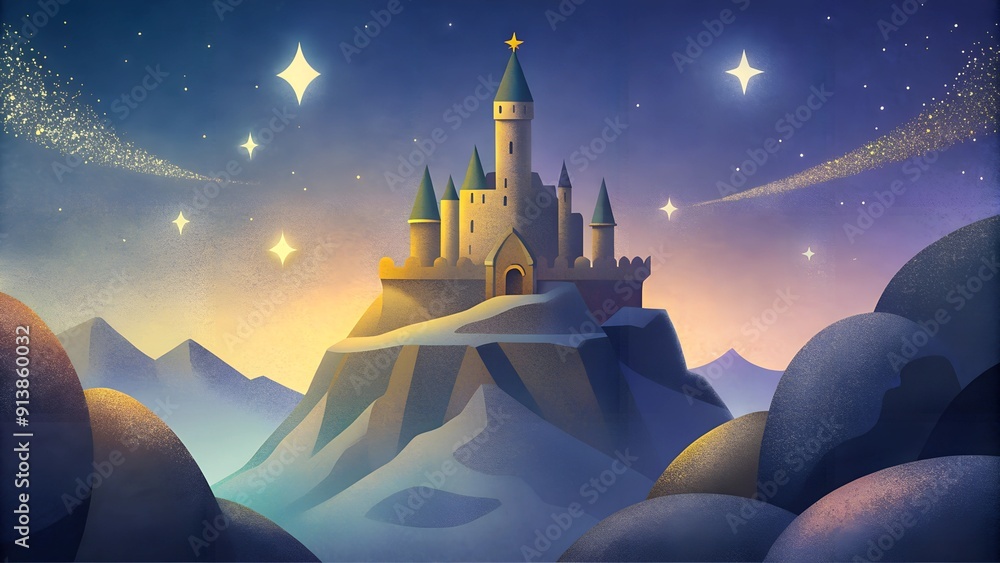 Wall mural a castle on top of a hill in the night sky grainy background