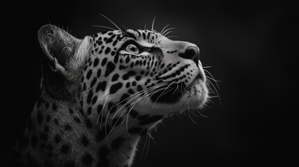 Fototapeta premium Leopard looking elegant upward shadowy atmosphere silent confidence predator wild minimalist wildlife magazine cover spotted strength