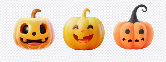 Three 3d cute and smiling Halloween pumpkins with different expressions displayed on a transparent background perfect for Halloween decorations and designs. Vector illustration