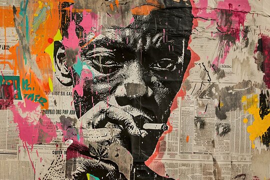 Graffiti, collage of 1980s grunge newspaper and multicolored paint splash illustration of an African man smoking marijuana. Ai Generative