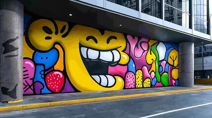 Colorful graffiti art explodes on urban wall, a chaotic blend of spray paint and texture