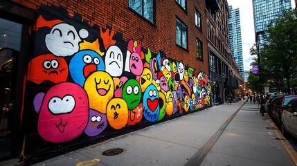 Colorful graffiti art explodes on urban wall, a vibrant canvas of children's drawings and cartoon characters