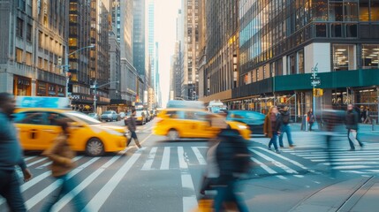 A bustling city street with blurred motion of pedestrians and iconic yellow taxis zipping past,...