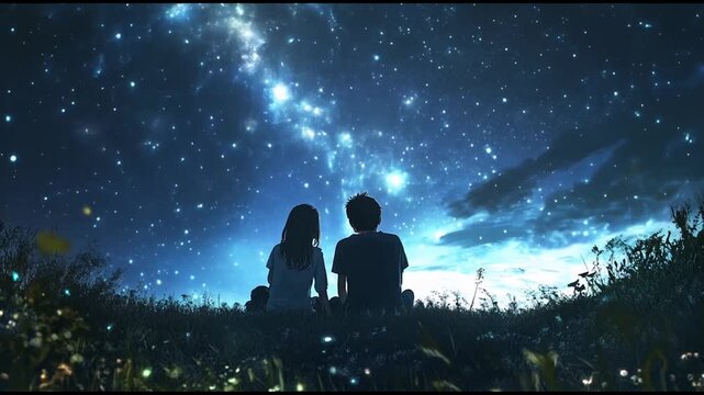 Lo-fi animation Couple boy and girl watching nebula and stars at night sky looping video