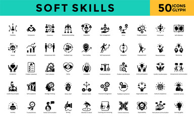 Soft skills icon set with flexibility, compassion, consensus, relationship building, adaptation, risk management, ethics, problem, analysis, enthusiasm, self reflection icon. Simple glyph vector 
