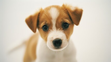 A close-up of an adorable puppy with expressive eyes, embodying innocence and tenderness in a playful setting with a soft, white background.