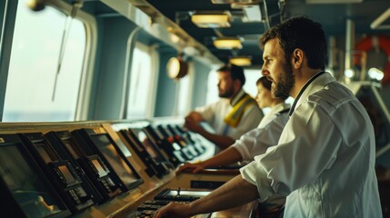 A group of people in professional attire attentively operate control panels on a ship's command bridge, focusing on navigation and communication tasks.