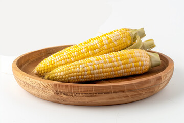 Close-Up of Corn on Cob Arranged in Wooden Dish, White Background for Kitchen and Food Visuals
