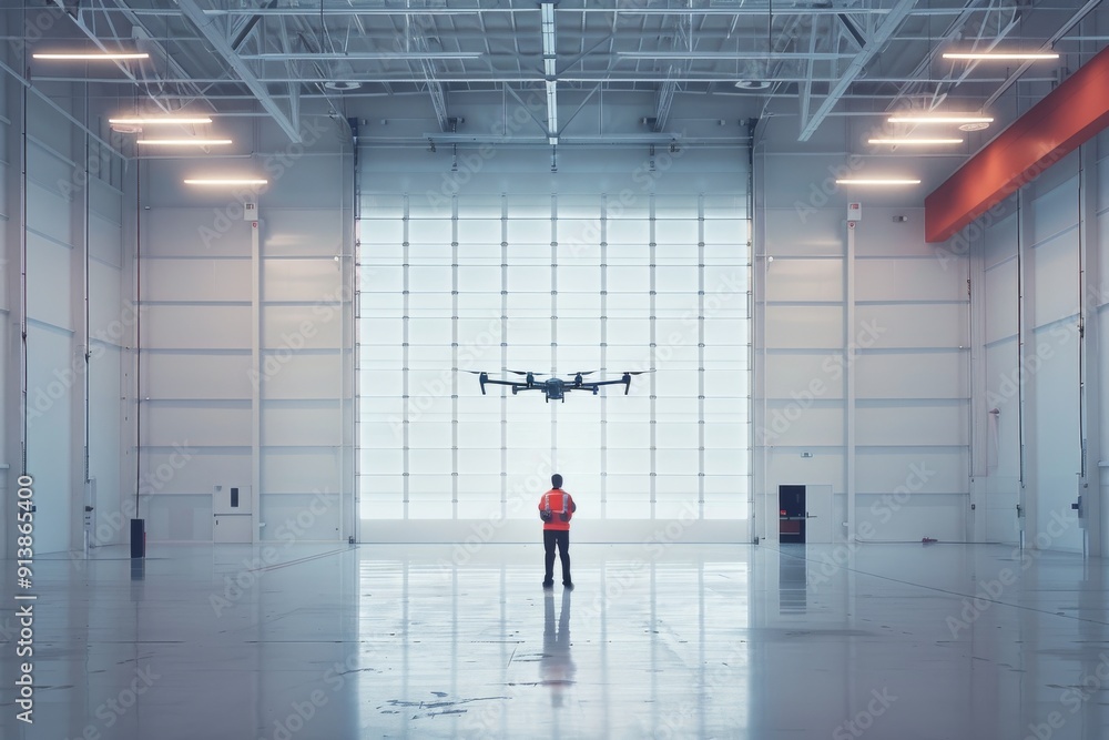 Poster engineer operating a large drone in a high-tech modern laboratory with advanced equipment