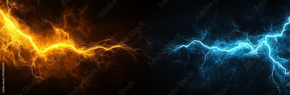 Poster the collision of lightning with light energy in blue and yellow. the resulting shock and storm is de